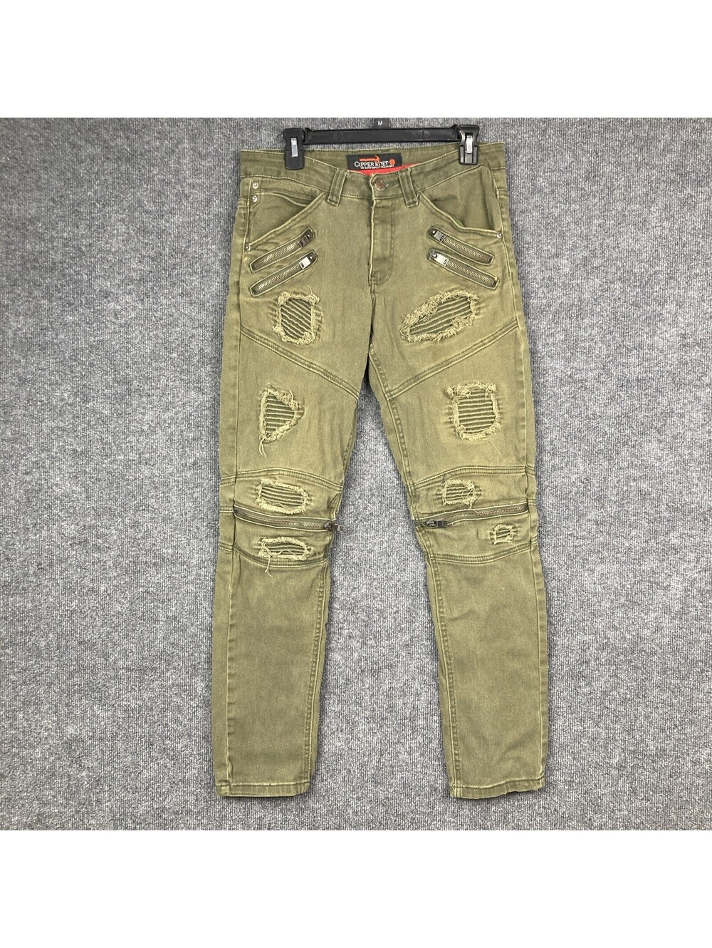 Copper Rivet Mens Tag Size 32 x 32 Olive Green Distressed Zipper Accent Jeans